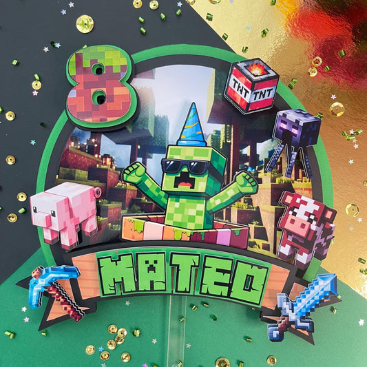 Birthday Creeper Miner Cake Topper: Gamer Theme Party Decoration